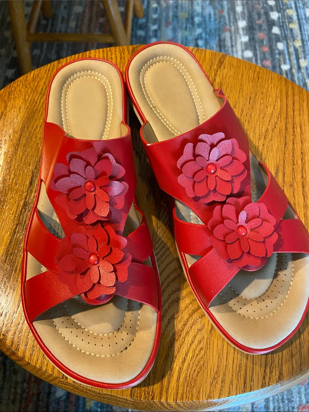 Red flops with flower accents